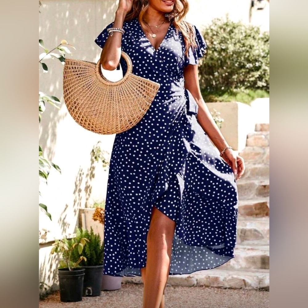 NEW Retro Polka Dot Wrap Dress Navy Blue White